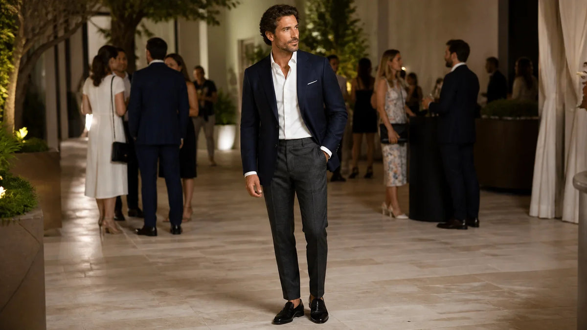 Ținută cocktail party pentru bărbați cu sacou bleumarin și pantaloni gri