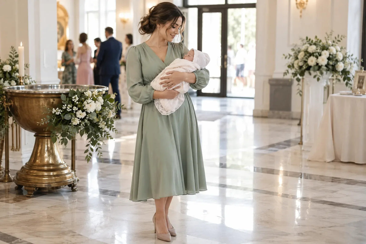 Ținută elegantă și comodă pentru mama copilului la botez
