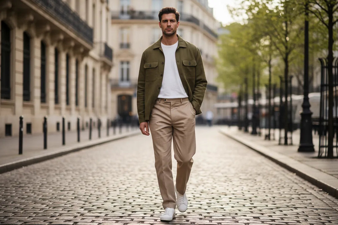 Bărbat în jachetă olive, tricou alb, pantaloni bej și sneakers albi pe o stradă urbană