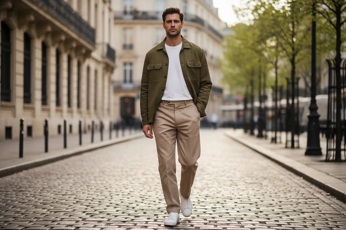 Bărbat în jachetă olive, tricou alb, pantaloni bej și sneakers albi pe o stradă urbană