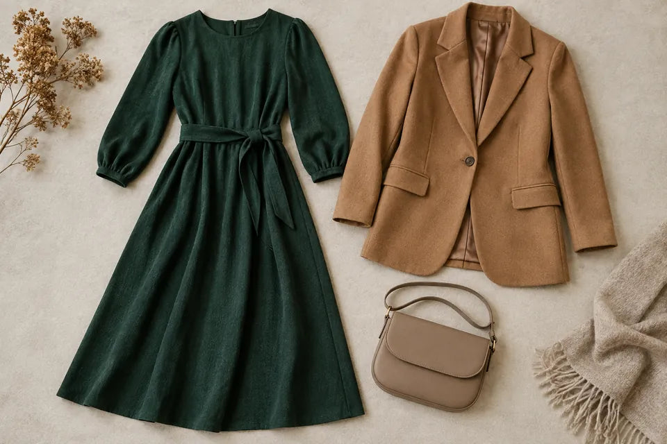 Rochie verde închis, sacou camel și geantă pentru o onomastică la restaurant