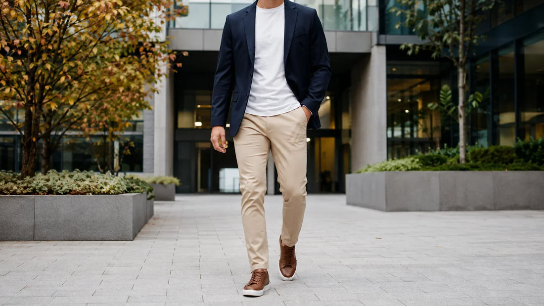 Ținută smart casual pentru bărbați cu sacou, cămașă și pantaloni chino