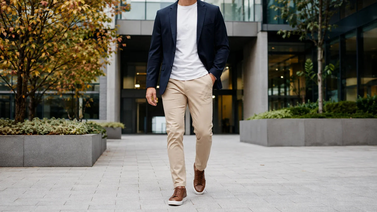 Ținută smart casual pentru bărbați cu sacou, cămașă și pantaloni chino
