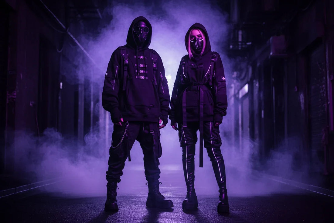 Doi adulți în ținute negre cyber goth, cu glugi și accesorii, într-o scenă urbană cu lumină violet