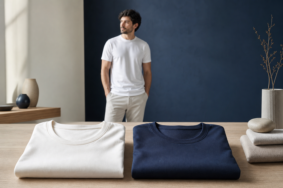 Comparație vizuală între tricou alb din bambus și tricou bleumarin din bumbac organic