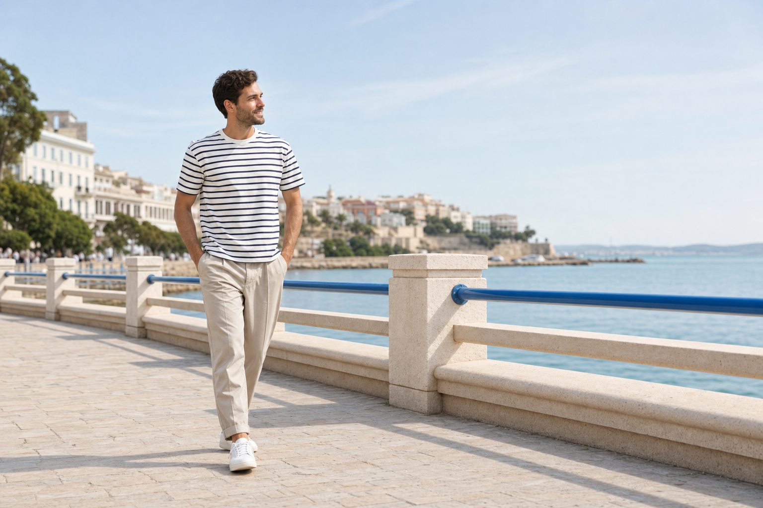 Bărbat purtând tricou în dungi alb și bleumarin cu pantaloni bej