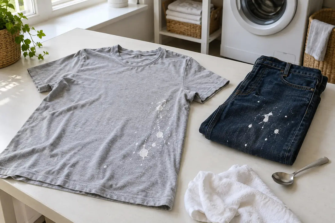 Tricou gri și blugi cu pete albe de vopsea, alături de o cârpă și o lingură
