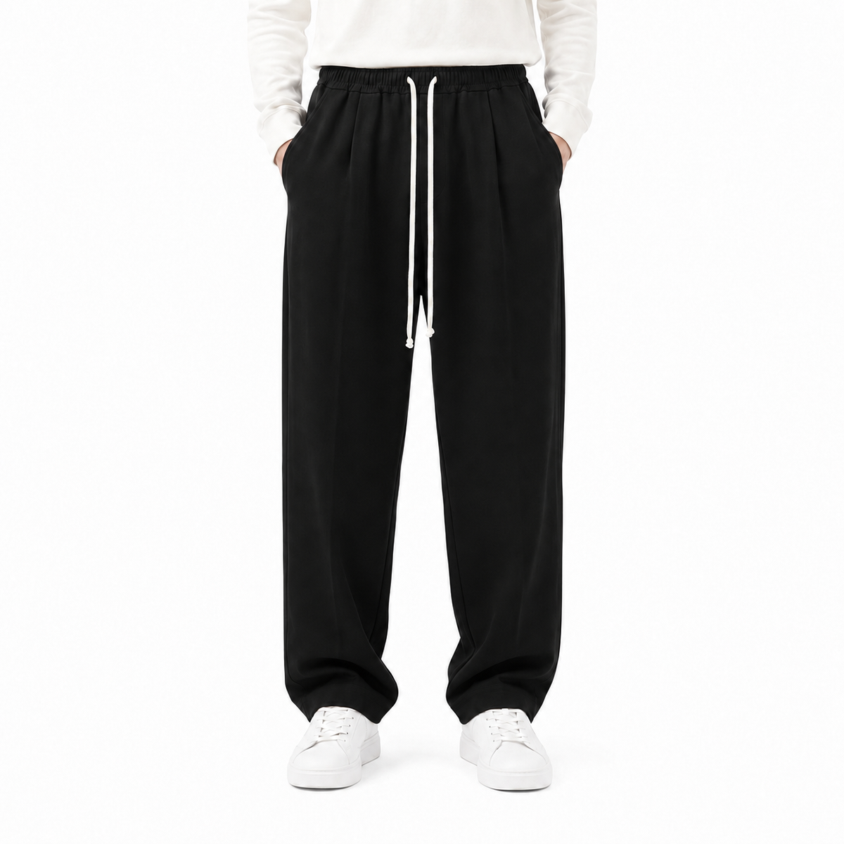 Pantaloni lungi largi negri pentru bărbați, cu șnur, purtați pe manechin – Atelier AXD