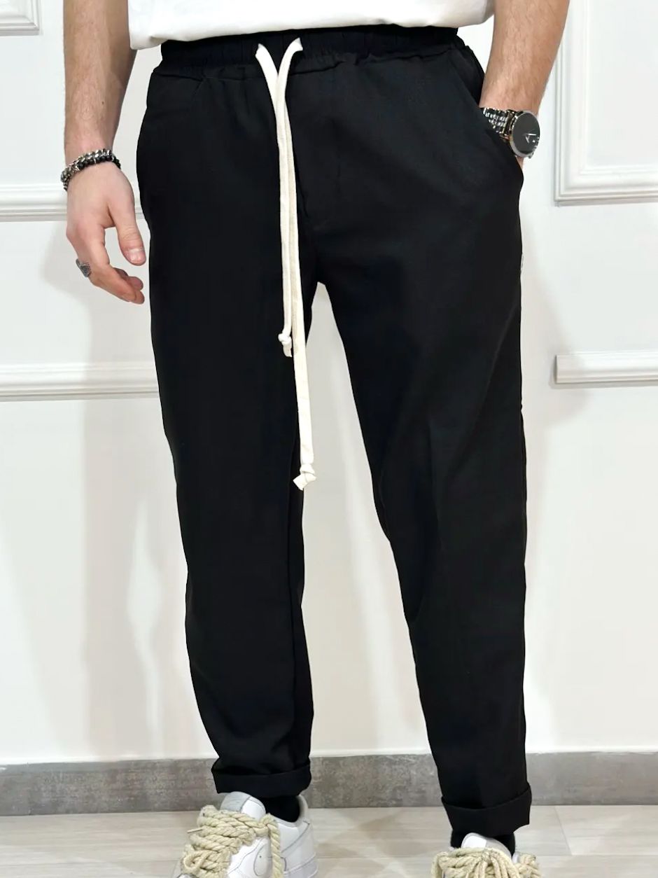 Pantaloni negri casual cu siret lung pentru barbati
