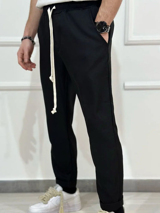 Pantaloni negri casual cu siret lung pentru barbati