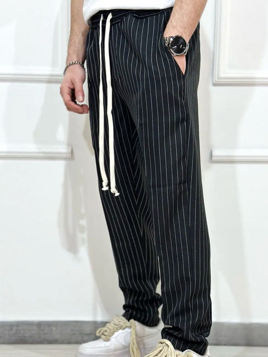 Pantaloni negri casual cu dungi albe