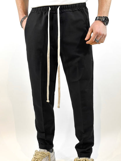 Pantaloni slim barbati casual negri cu snur