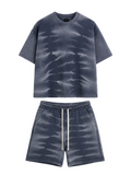Compleu Streetwear 100% Bumbac cu Efect Prespălat: Tricou și Pantaloni Scurți cu Șiret Lung