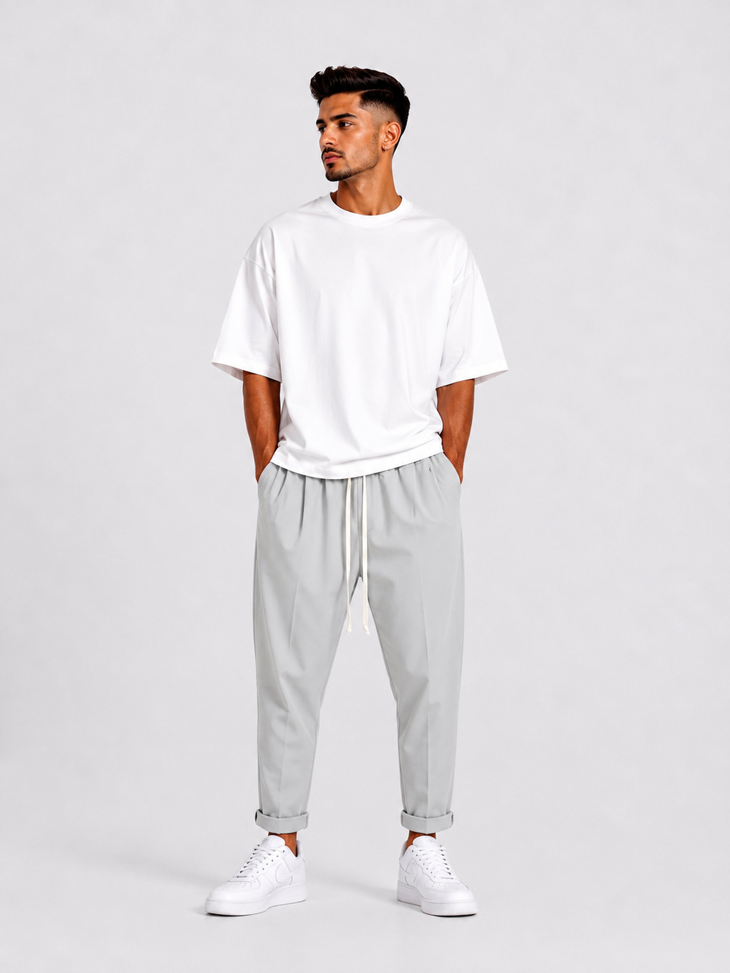 Model masculin cu pantaloni casual gri și șnur lung pentru un look urban minimalist.