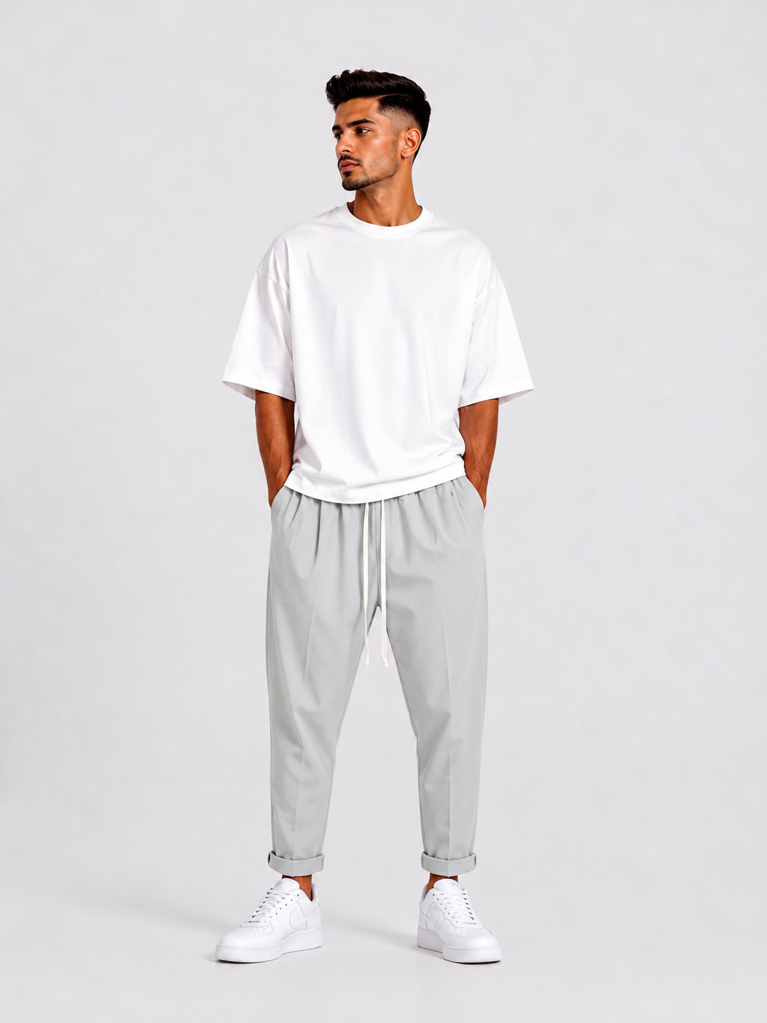 Model masculin cu pantaloni casual gri și șnur lung pentru un look urban minimalist.