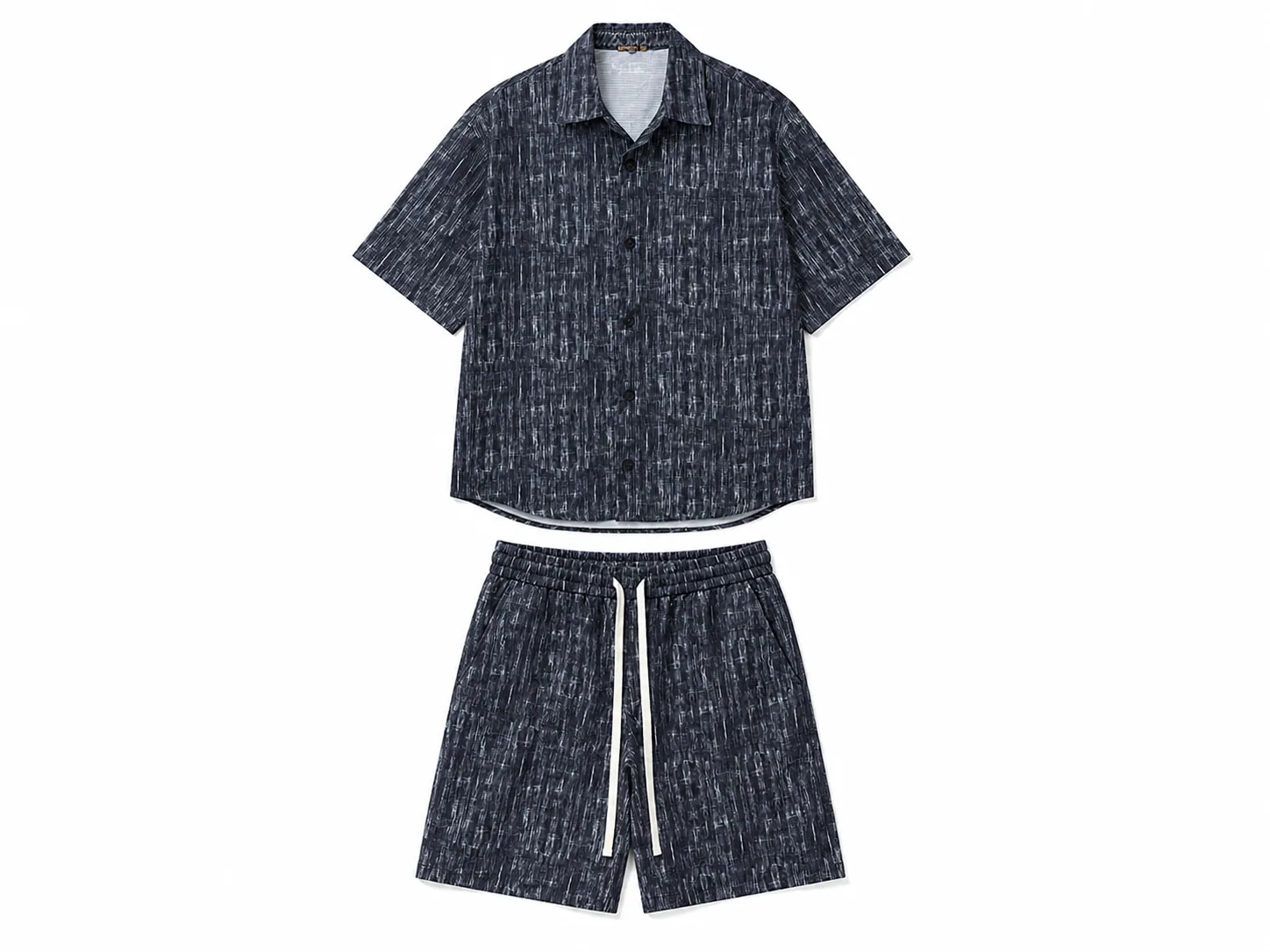 Set de vară pentru bărbați format din cămașă cu mânecă scurtă și pantaloni scurți, bleumarin cu textură striată și șnur lung