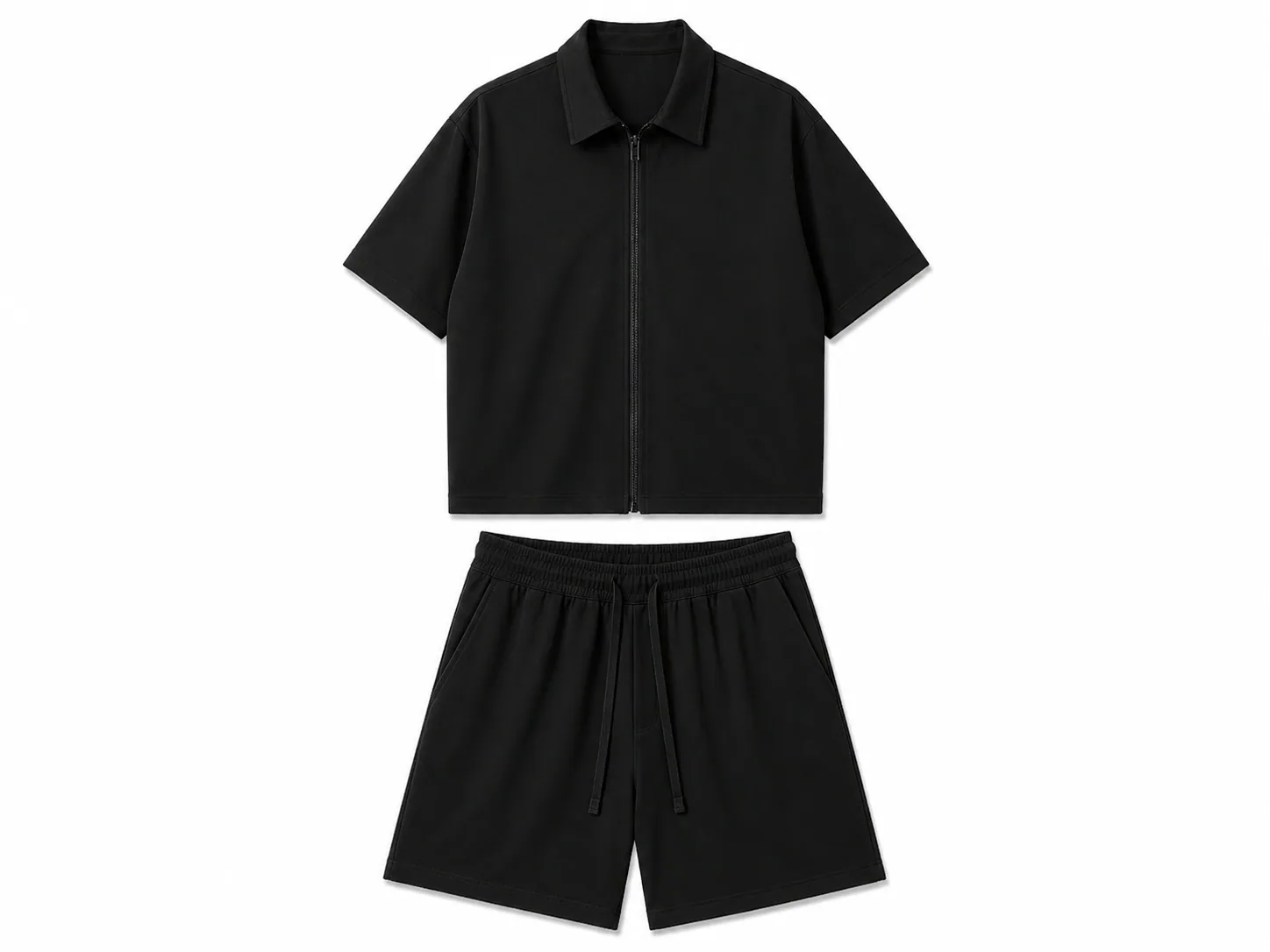 Set premium de vară pentru bărbați, negru intens, format din cămașă cu mânecă scurtă cu fermoar și pantaloni scurți cu șnur,