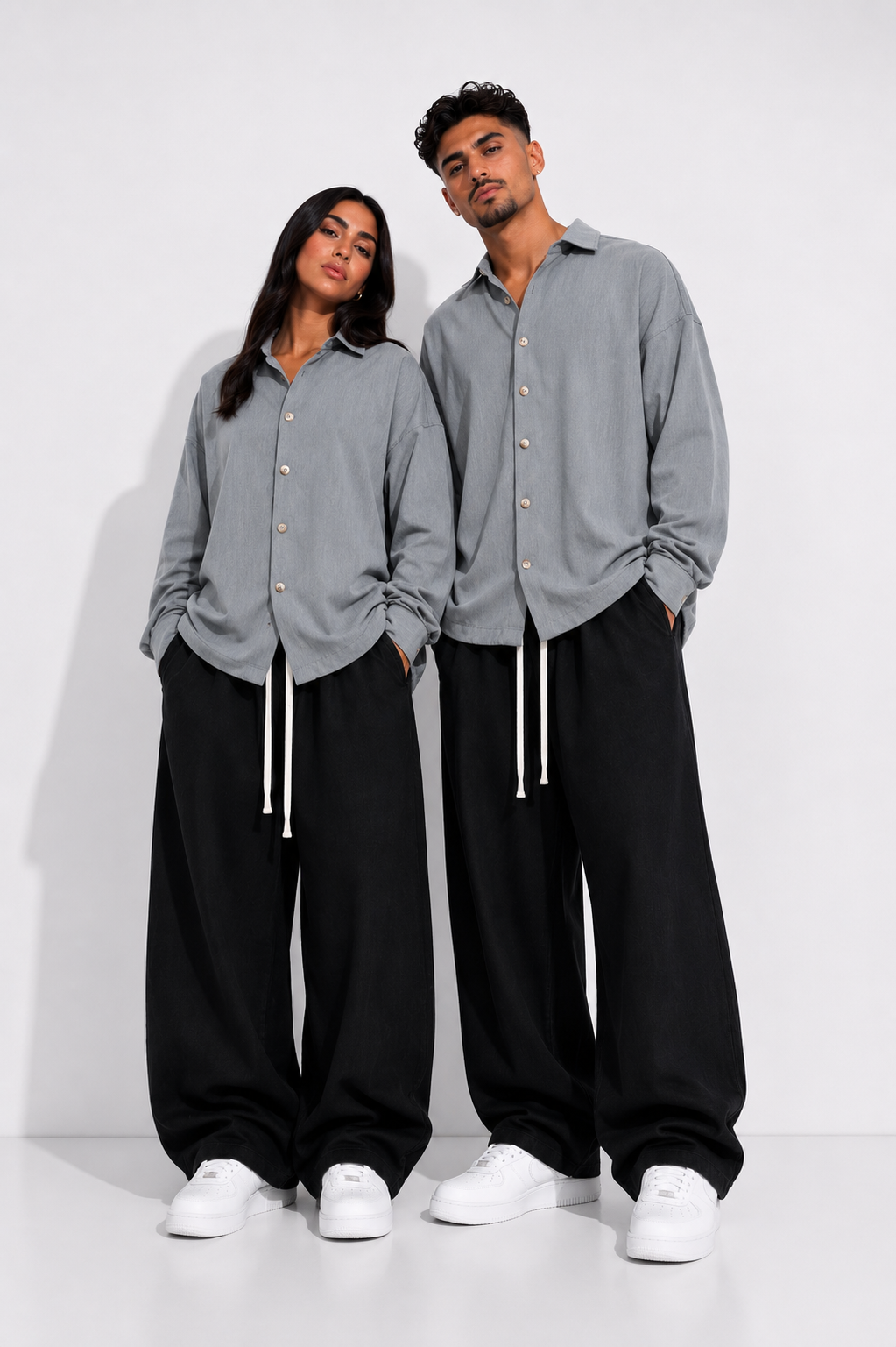 Cămașă oversized gri casual cu nasturi frontali și design modern minimalist