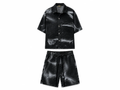 Set Denim Bărbați Negru cu Efect de Vopsea (Cămașă și Pantaloni Scurți) – Fit Normal, 100% Bumbac