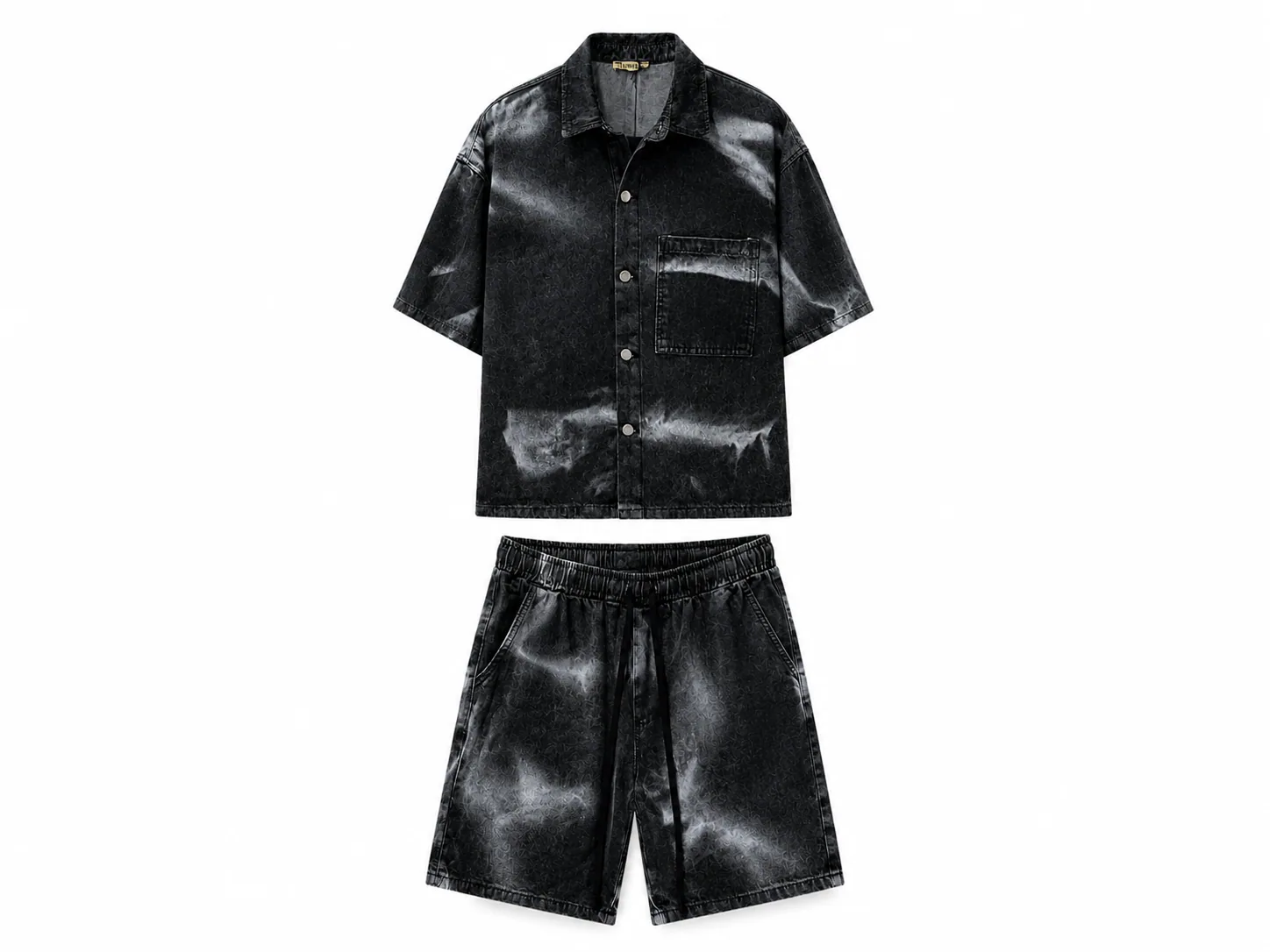 Set Denim Bărbați Negru cu Efect de Vopsea (Cămașă și Pantaloni Scurți) – Fit Normal, 100% Bumbac