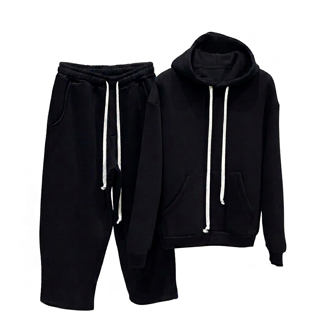 Compleu bărbați negru flaușat, format din hanorac oversized și pantaloni largi