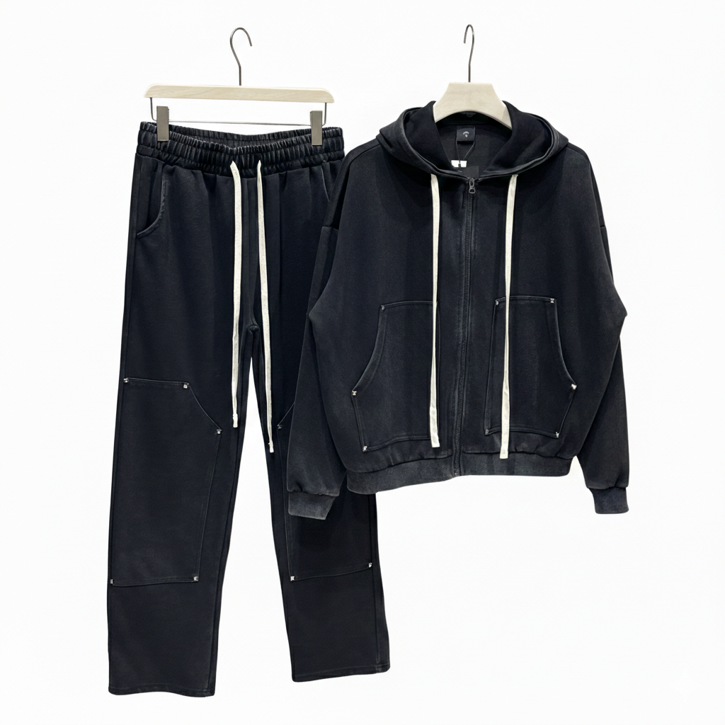 Compleu streetwear bărbați din bumbac, negru cu aspect prespălat, decorat cu capse metalice și șnur lung.