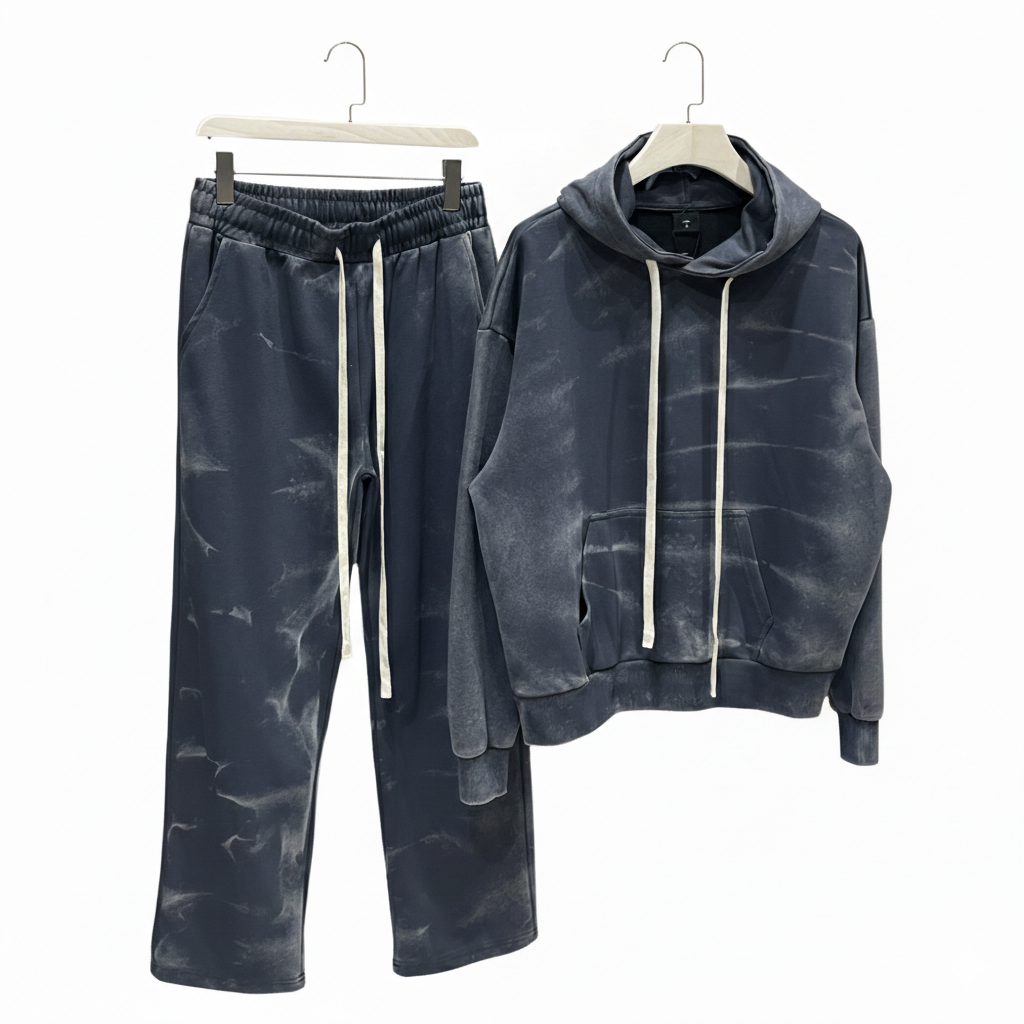 Compleu bărbați 100% bumbac, nuanță gri-bleumarin cu efect șters, format din hanorac și pantaloni largi