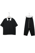 Set compleu negru barbati format din tricou cu fermoar si pantaloni lungi cu siret lung proeminent