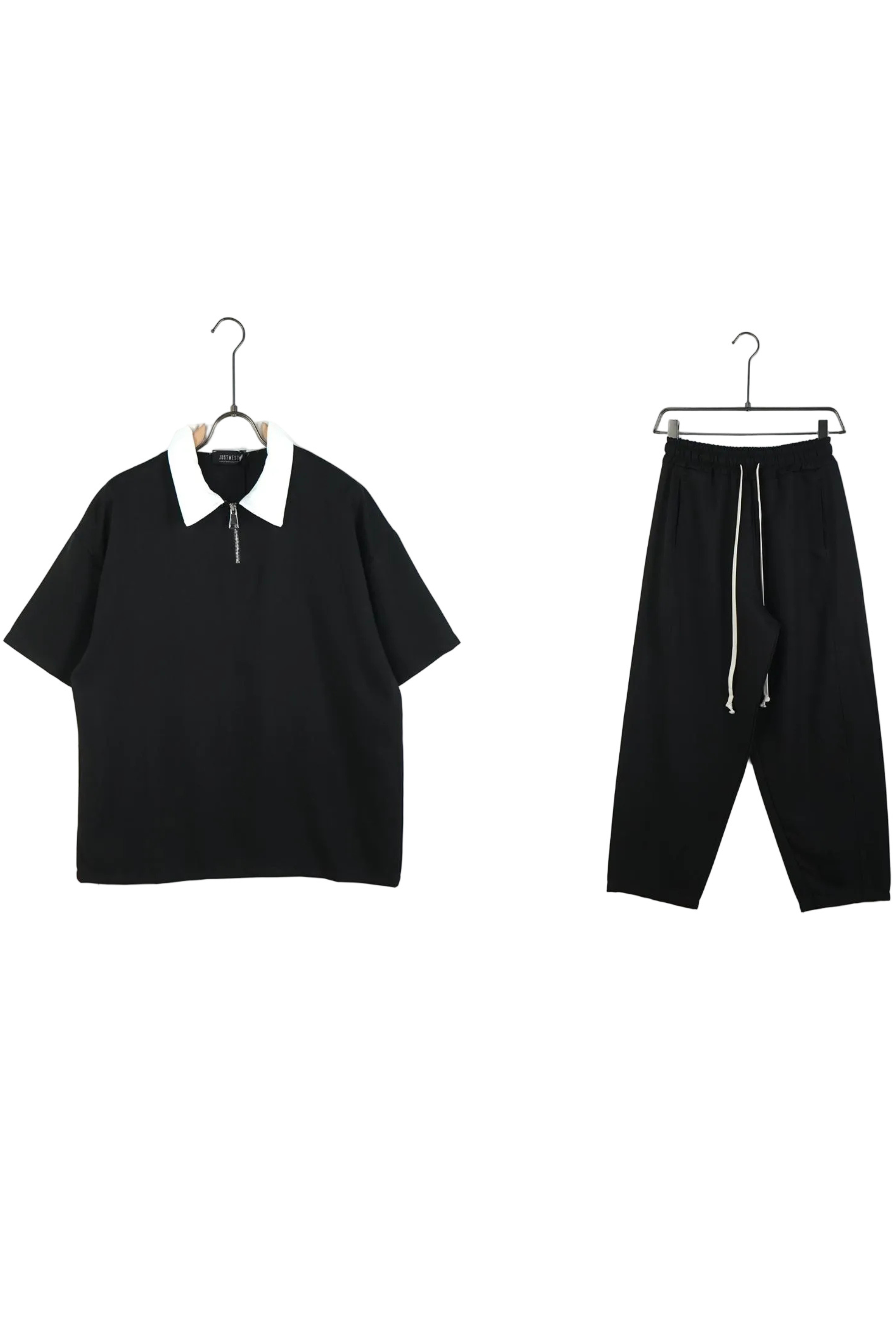 Set compleu negru barbati format din tricou cu fermoar si pantaloni lungi cu siret lung proeminent