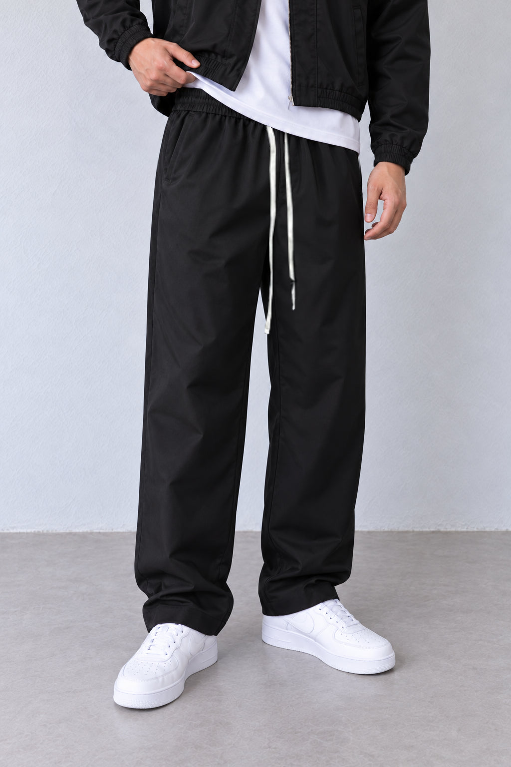 Compleu negru GL-5130 din trei sferturi, tricou lung sub jachetă și pantaloni cu șnur
