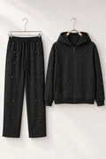 Compleu negru pentru bărbați cu hanorac cu fermoar și pantaloni drepți, cu strasuri și mărgele decorative, pe umerașe