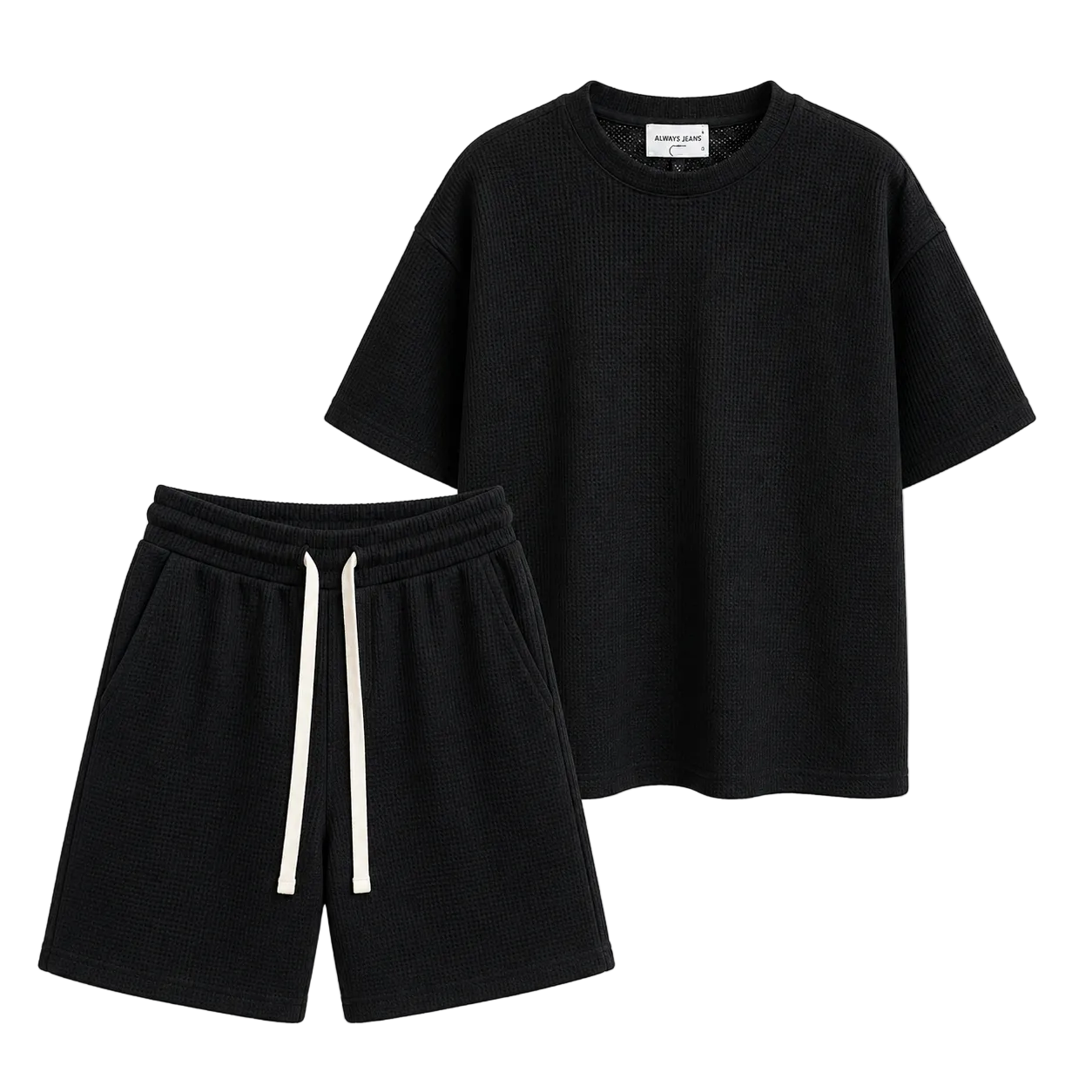 Compleu negru premium pentru bărbați cu tricou oversized și pantaloni scurți waffle pe umeraș