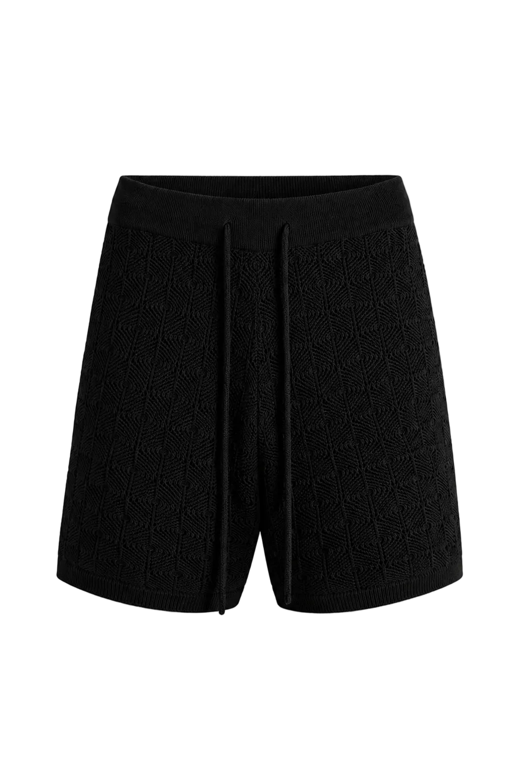 Pantaloni scurți negri tricotați prezentați pe umeraș, realizați din 100% bumbac, evidențiind designul cu șiret lung în talie.