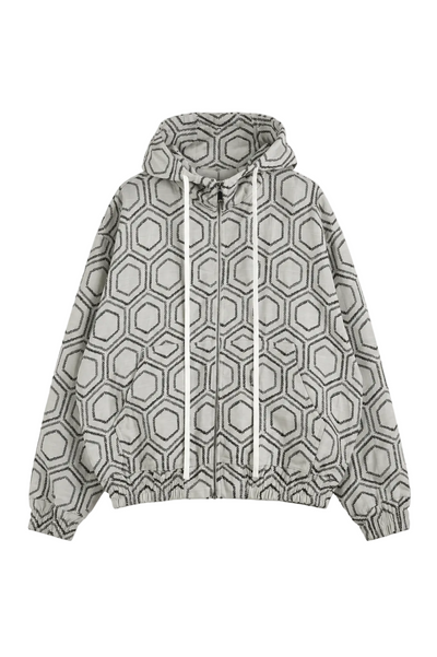 Hanorac cu Fermoar și Romburi Negre – Șireturi Lungi, Stil Geometric