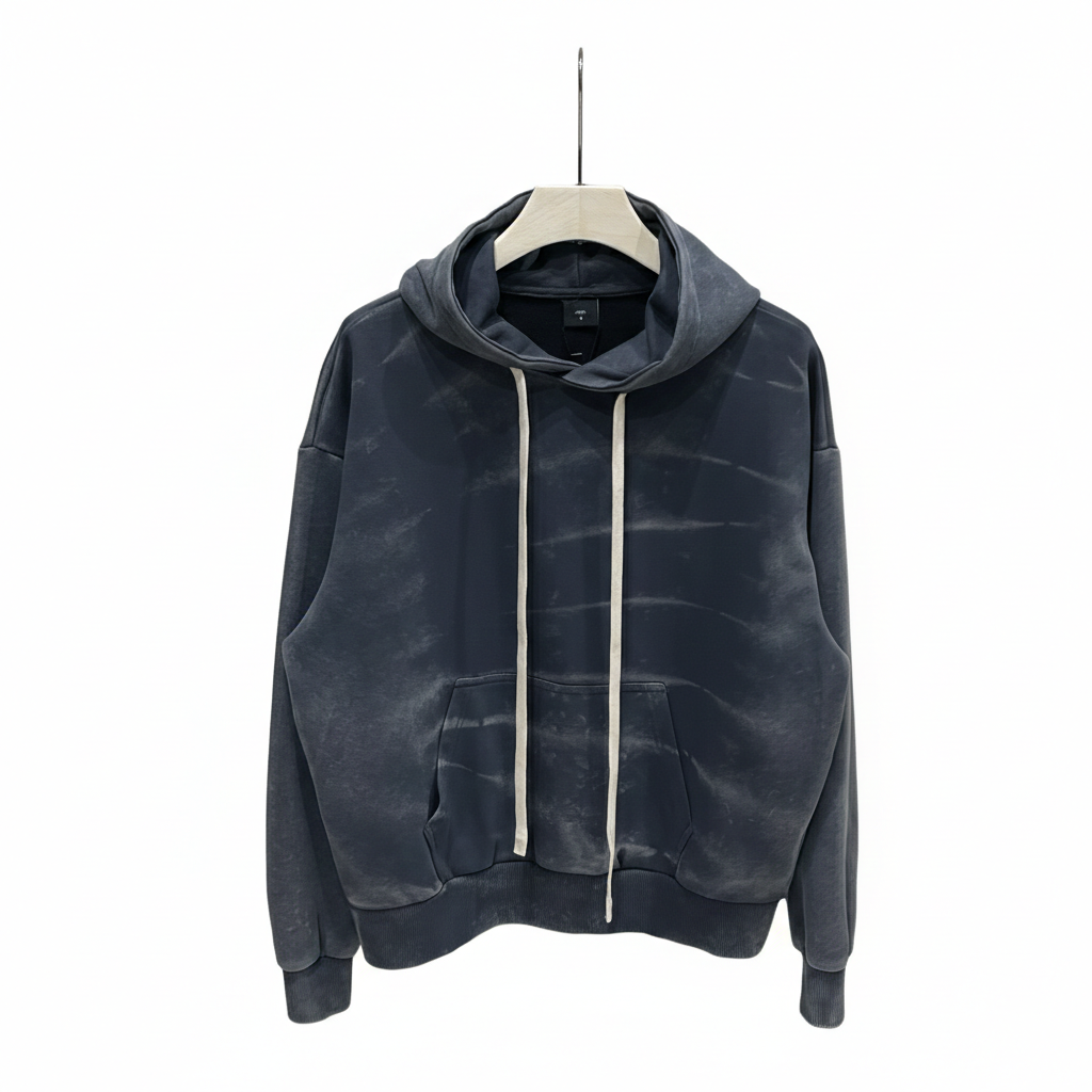 Hanorac streetwear bărbați cu efect prespălat gri închis spre bleumarin și șnur lung de ajustare