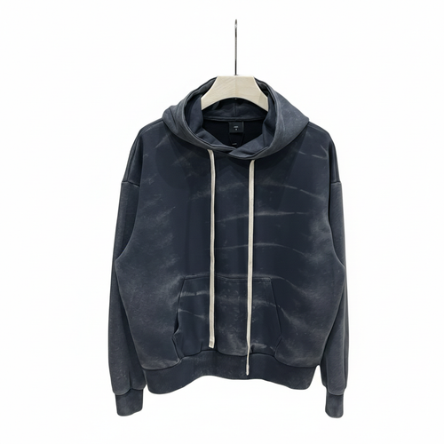 Hanorac streetwear bărbați cu efect prespălat gri închis spre bleumarin și șnur lung de ajustare