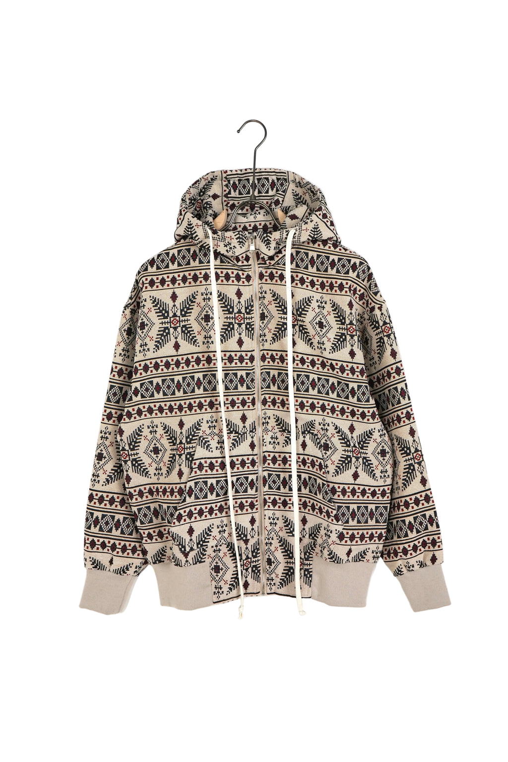 Hanorac multicolor cu model nordic și imprimeu geometric, material călduros cu glugă