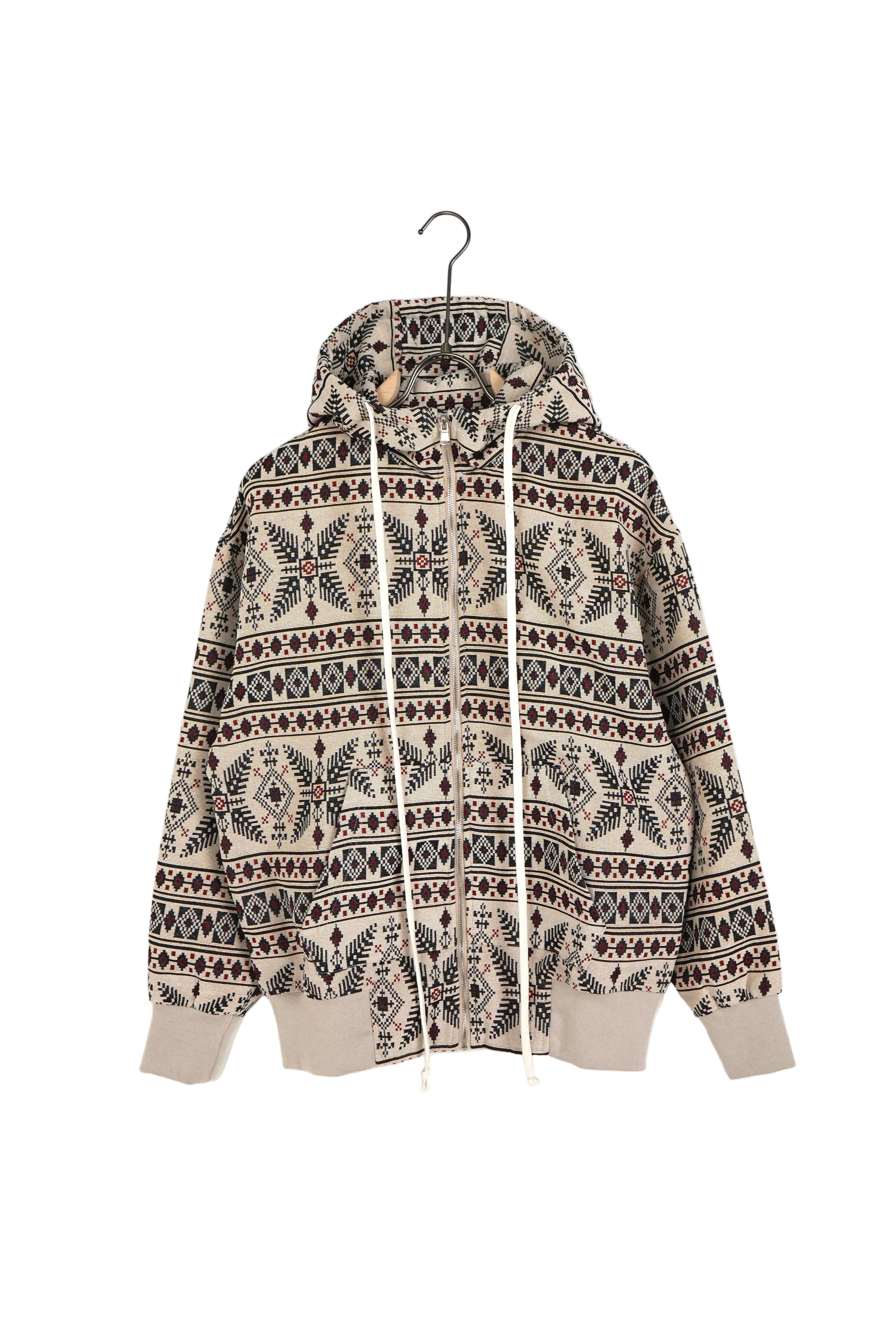 Hanorac multicolor cu model nordic și imprimeu geometric, material călduros cu glugă