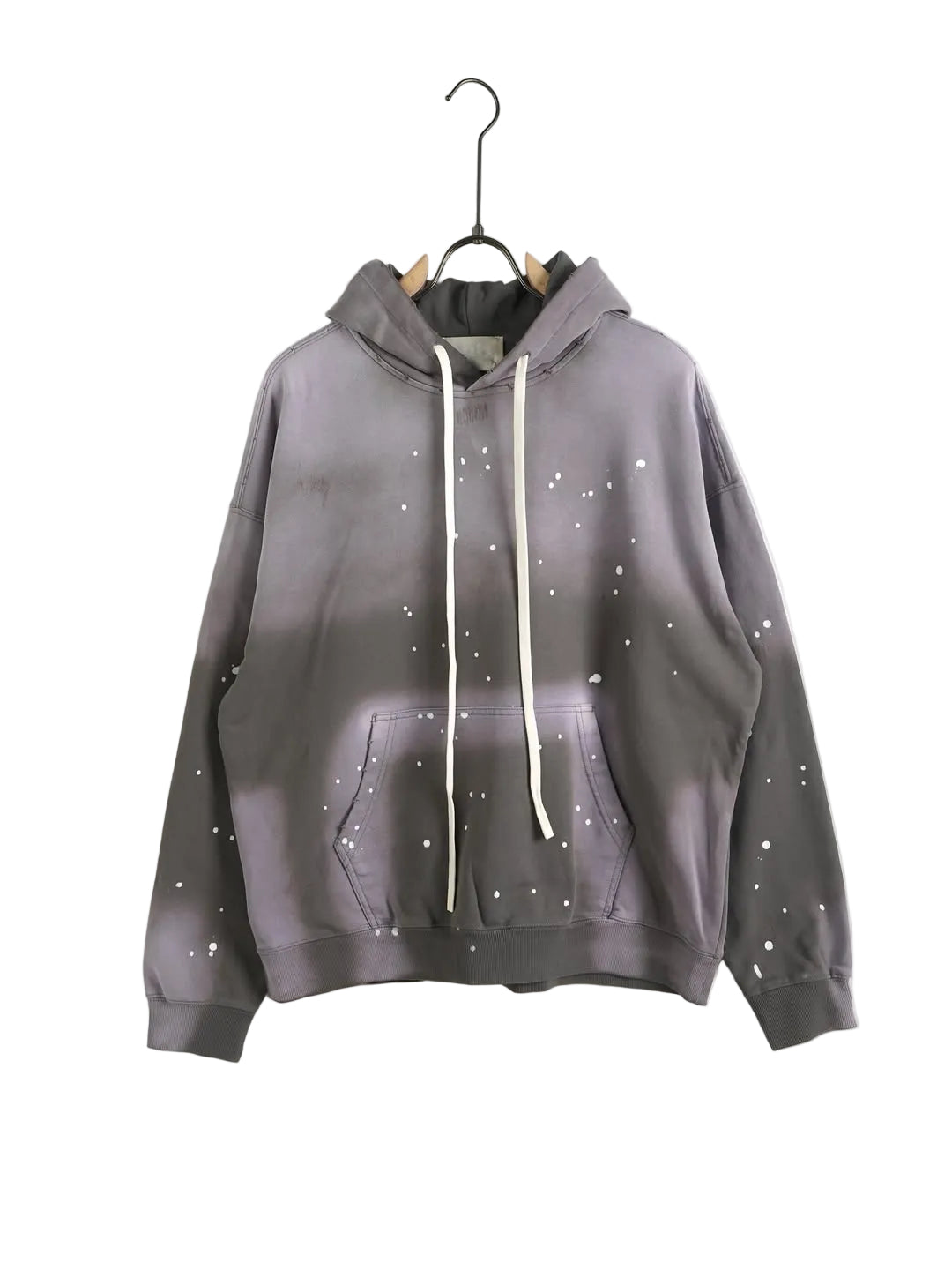 Hanorac streetwear pentru bărbați cu imprimeu tip stropi de vopsea gri și mov, vedere frontală