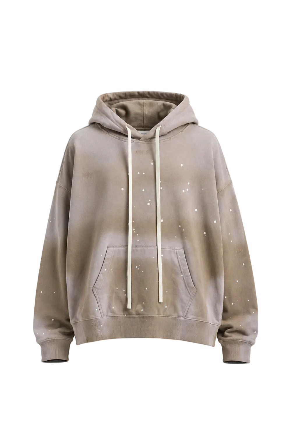 Hanorac oversized bej washed cu șnur lung alb și efect paint splatter premium
