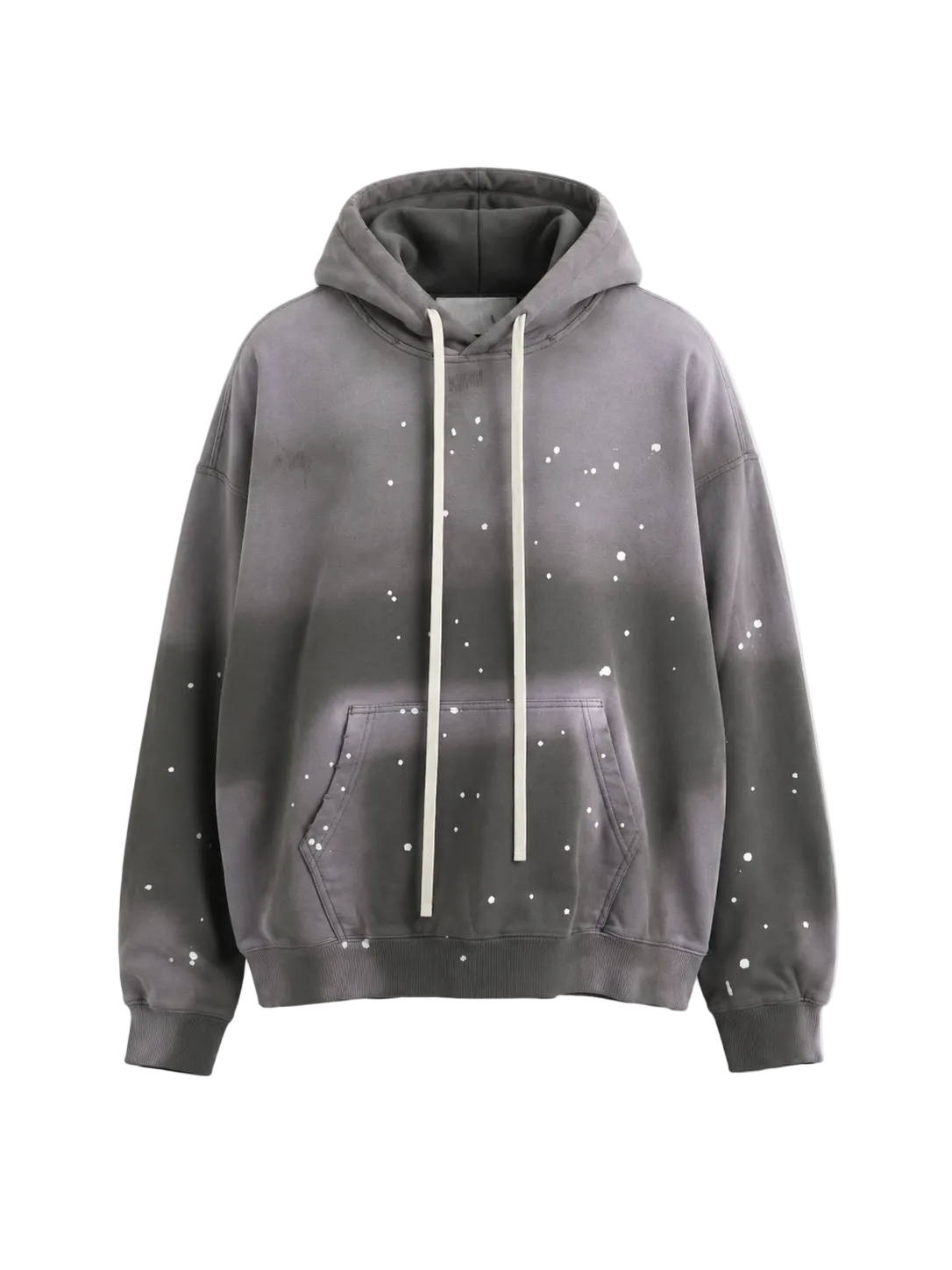 Hanorac oversized gri washed cu șnur lung alb și efect paint splatter premium streetwear