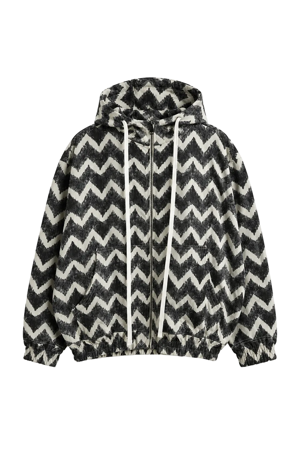 Hanorac unisex cu fermoar, model zigzag negru și alb, realizat din bumbac premium, cu glugă cu șnur alb, buzunare frontale și manșete elastice, fotografiat pe fundal alb în stil luxury e-commerce