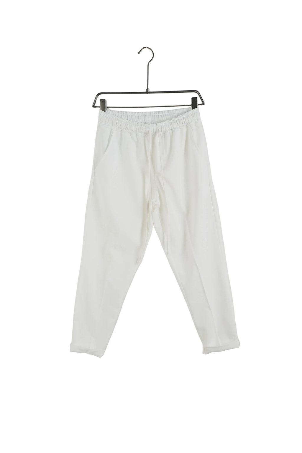 Pantaloni albi model slim fit cu șnur reglabil în talie