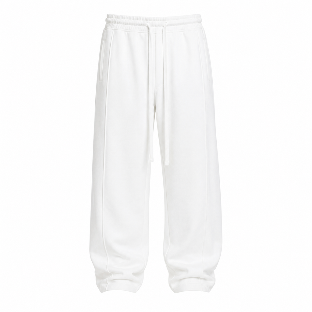Pantaloni de trening bărbați albi baggy fit din bumbac - vedere frontală ghost pe fundal alb