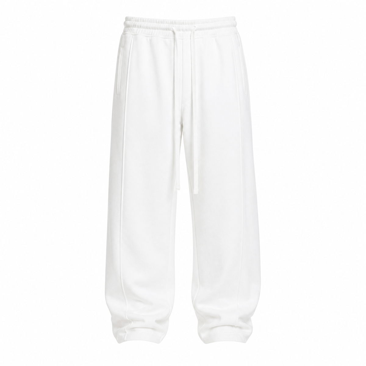 Pantaloni de trening bărbați albi baggy fit din bumbac - vedere frontală ghost pe fundal alb