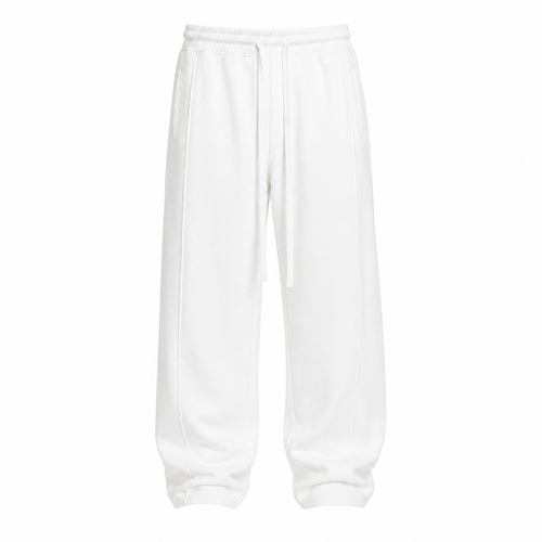 Pantaloni de trening bărbați albi baggy fit din bumbac - vedere frontală ghost pe fundal alb
