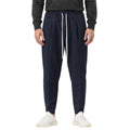 Pantaloni bleumarin pentru bărbați, croială ușor slim, purtați din față cu șnur alb