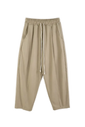Pantaloni bej lejeri cu talie elastică și șnur lung alb, croială casual oversized
