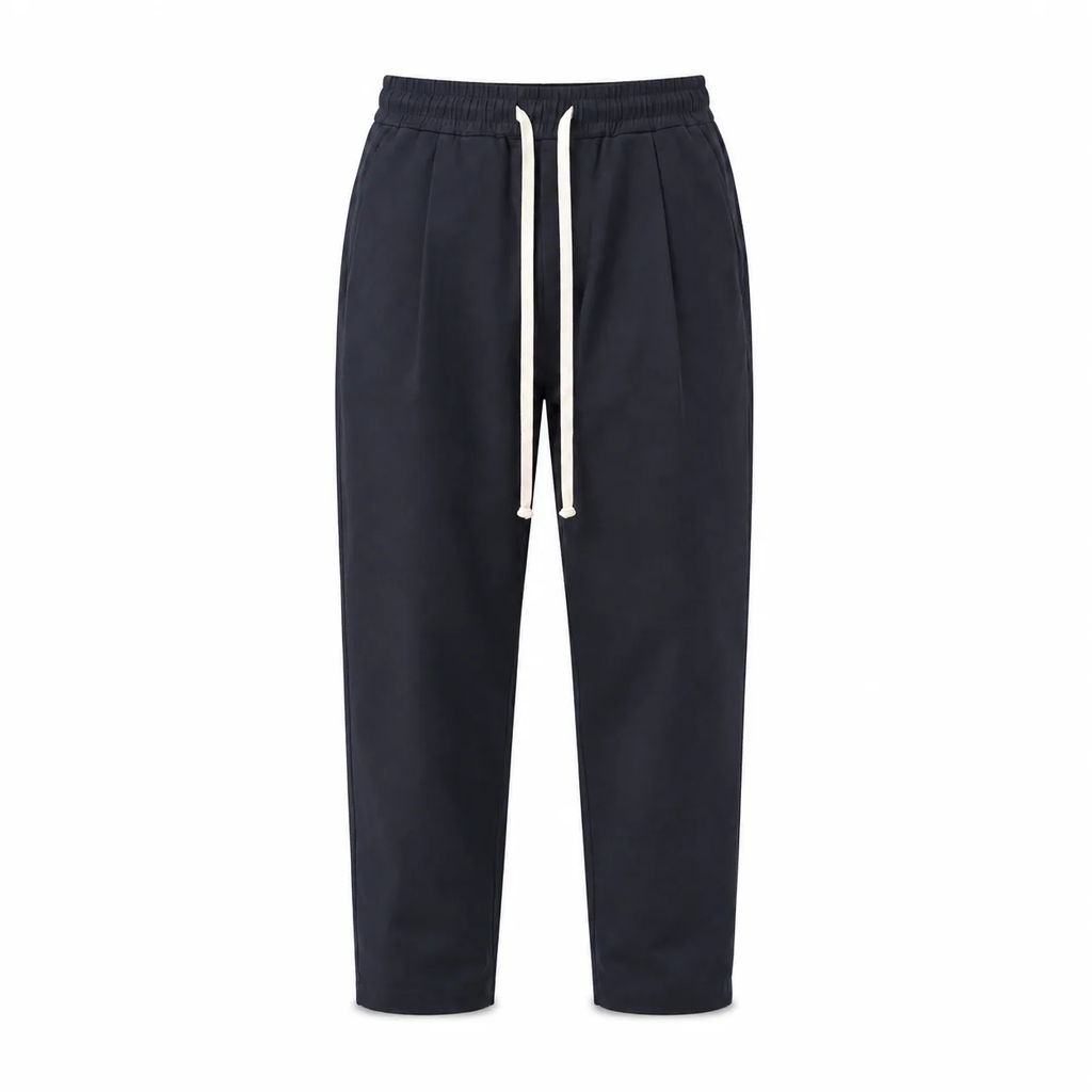 Pantaloni bleumarin bărbați ușor slim cu șnur, vedere frontală produs