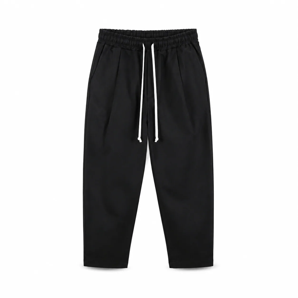 Pantaloni negri bărbați ușor slim cu șnur, vedere frontală produs
